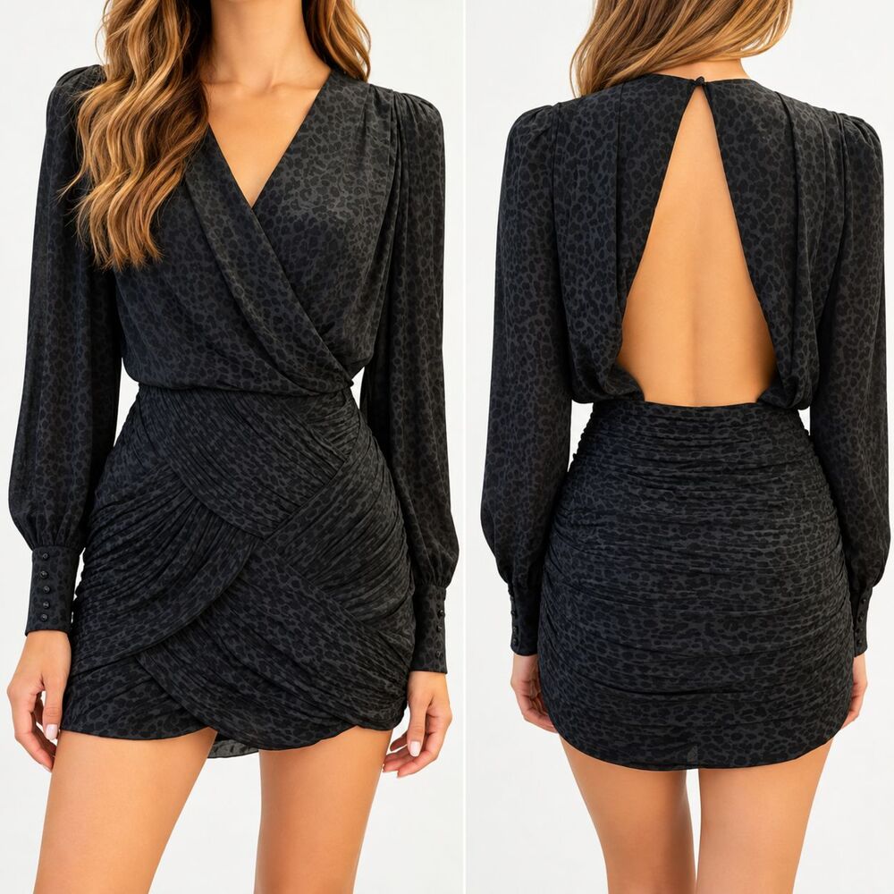 Free People Let's Dance Leopard Print Open Back Mini Dress Black Womens Party 0